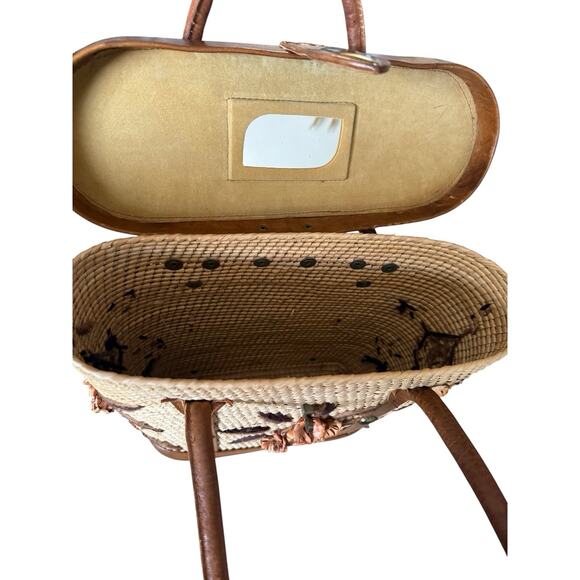 1960s Vintage Woven Straw Leather Floral Handbag Tote Purse Collectible Bag - Picture 2 of 11